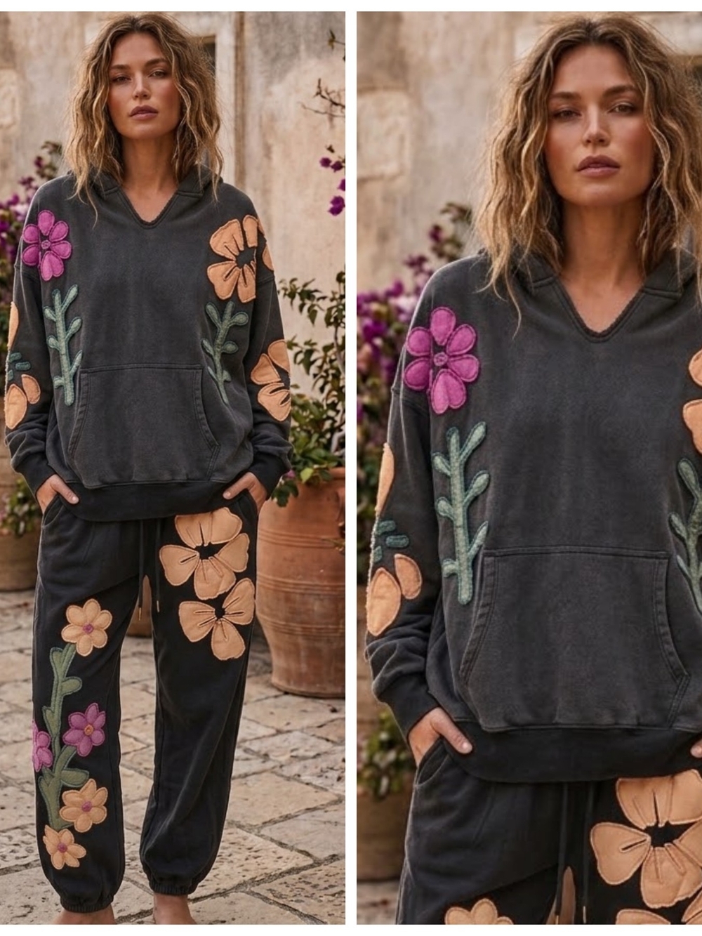 Washed Black Floral Embroidered V-Neck Pullover - Women's Top